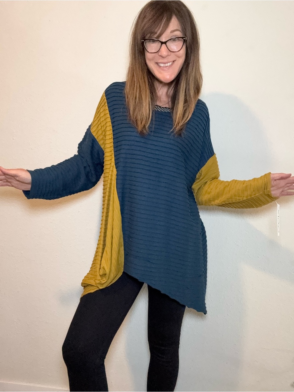 NWT XIAO Teal and Mustard Colorblock Ribbed Tunic size Large
